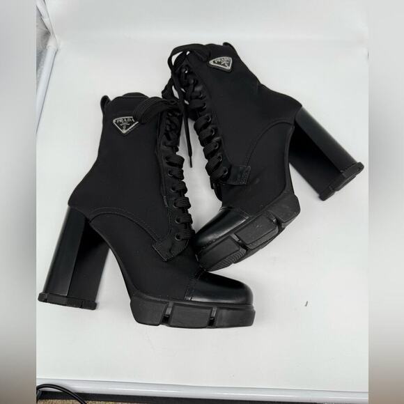 Prada Black Leather/ Re-Nylon Metal Triangle Logo 110mm Ankle Boots EU 38.5 - Picture 3 of 15